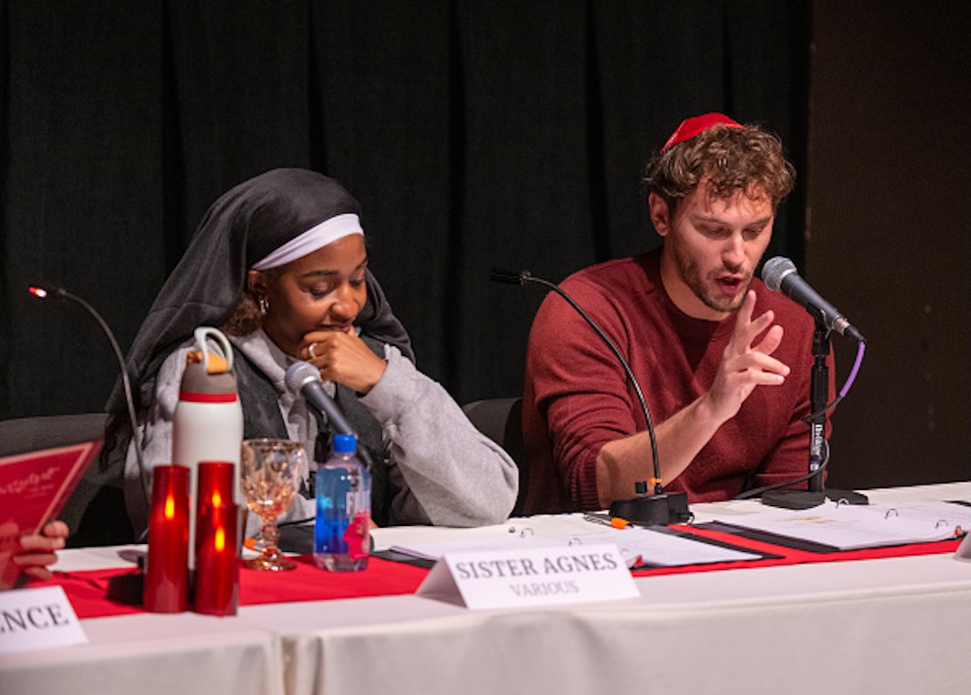 BEVERLY HILLS, CALIFORNIA - FEBRUARY 10: Actors Ayo Edebiri (L) and Cooper Koch perform onstage at the Film Independent Live Read of Edward Berger's "Conclave" at the Wallis Annenberg Center for the Performing Arts on February 10, 2025 in Beverly Hills, California. (Photo by Amanda Edwards/Getty Images for Film Independent)