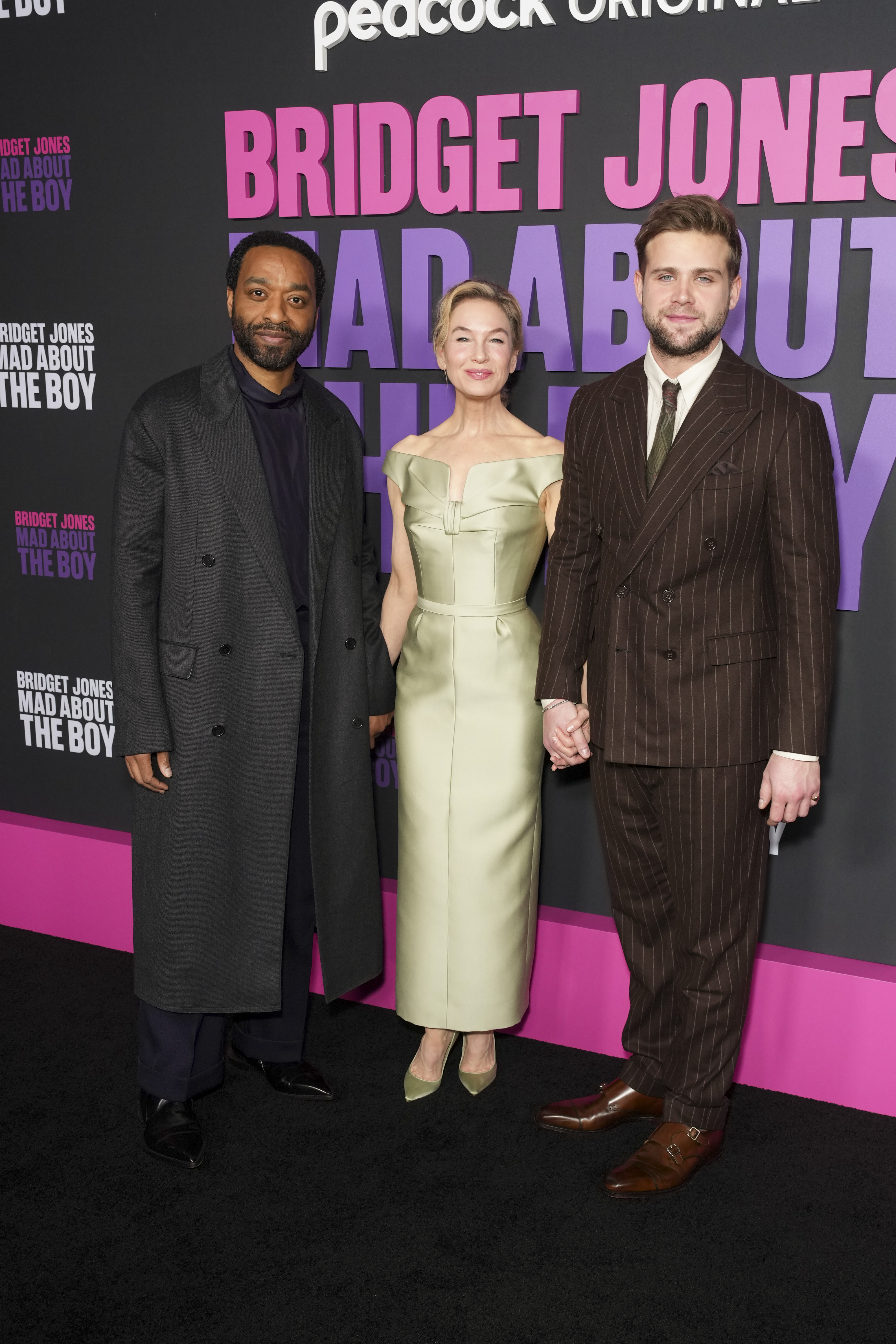 Chiwetel Ejiofor, RENÉE ZELLWEGER, Leo Woodall at Peacock’s "Bridget Jones: Mad About the Boy" Special Screening at Lincoln Center on February 12, 2025 in New York, New York.
