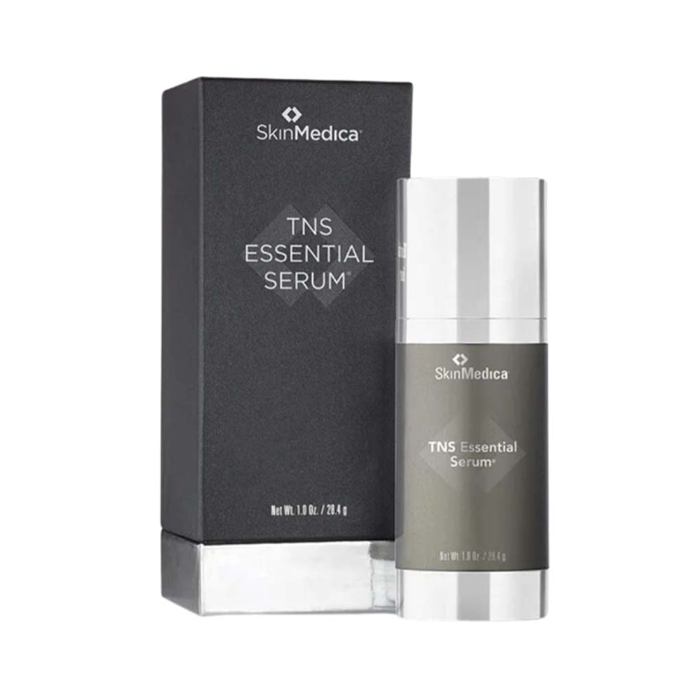 black serum bottle with shiny metal hardware next to a similarly styled box