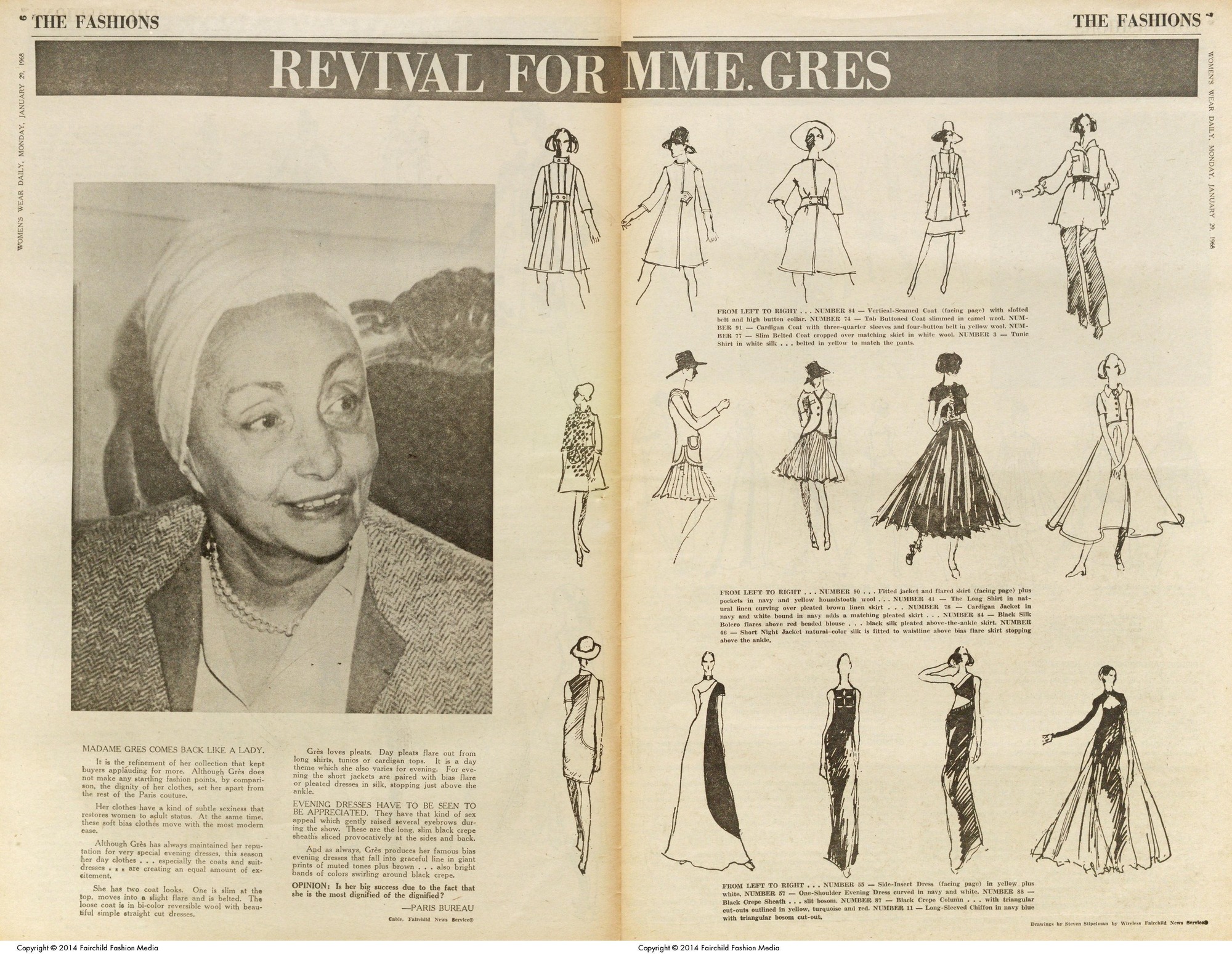 "Revival For Mme. Grès" appeared in WWD on Jan. 29, 1968.