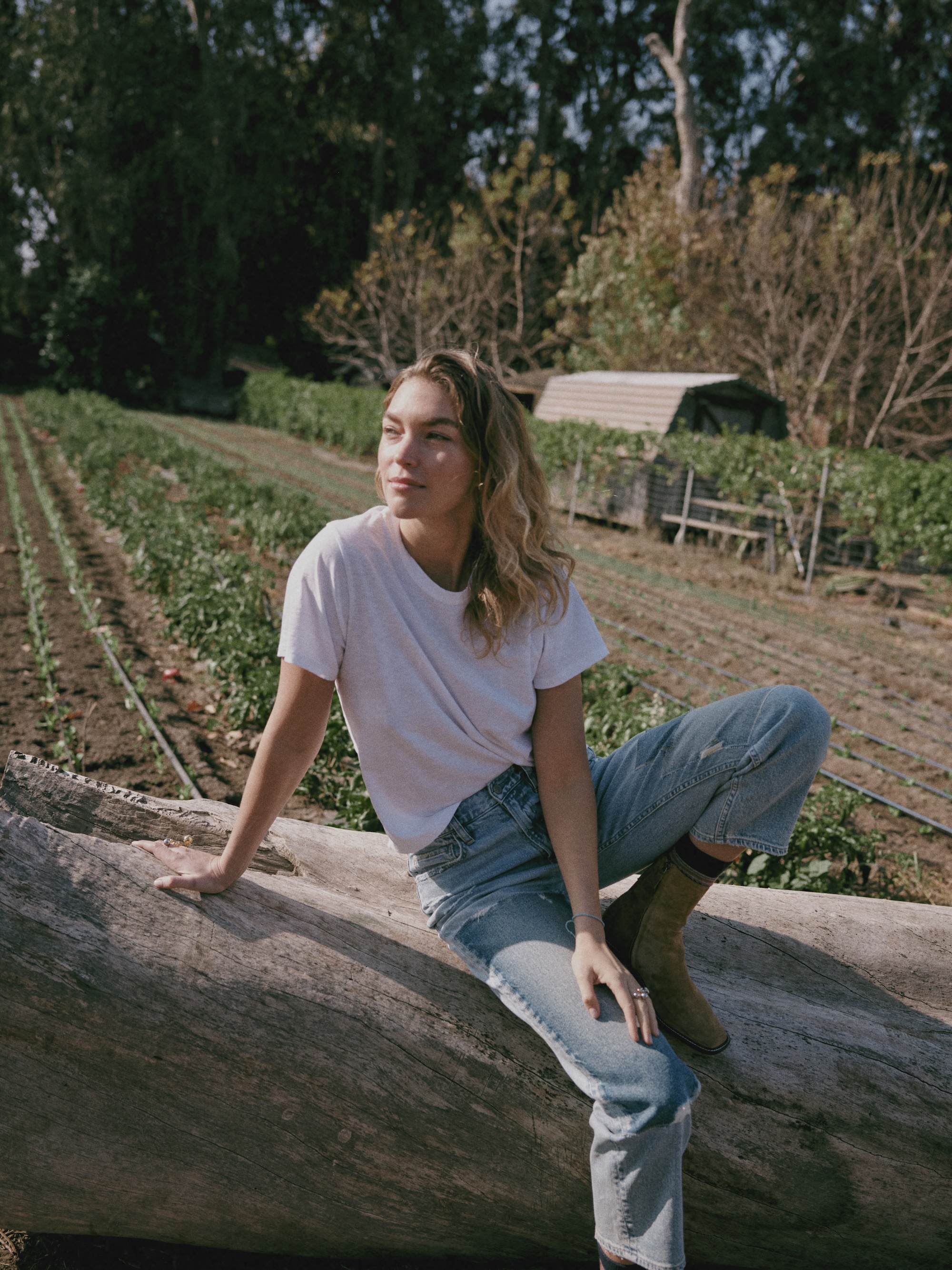 Arizona Muse models Faherty's relaunched Sunwashed tee.