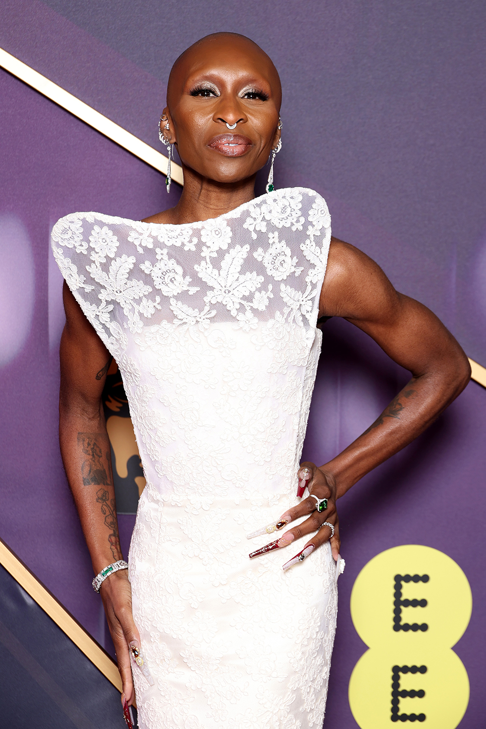 Cynthia Erivo at the 2025 BAFTA Awards on Feb. 16 in London, Louis Vuitton, lace dress, red carpet, Tiffany & Co.