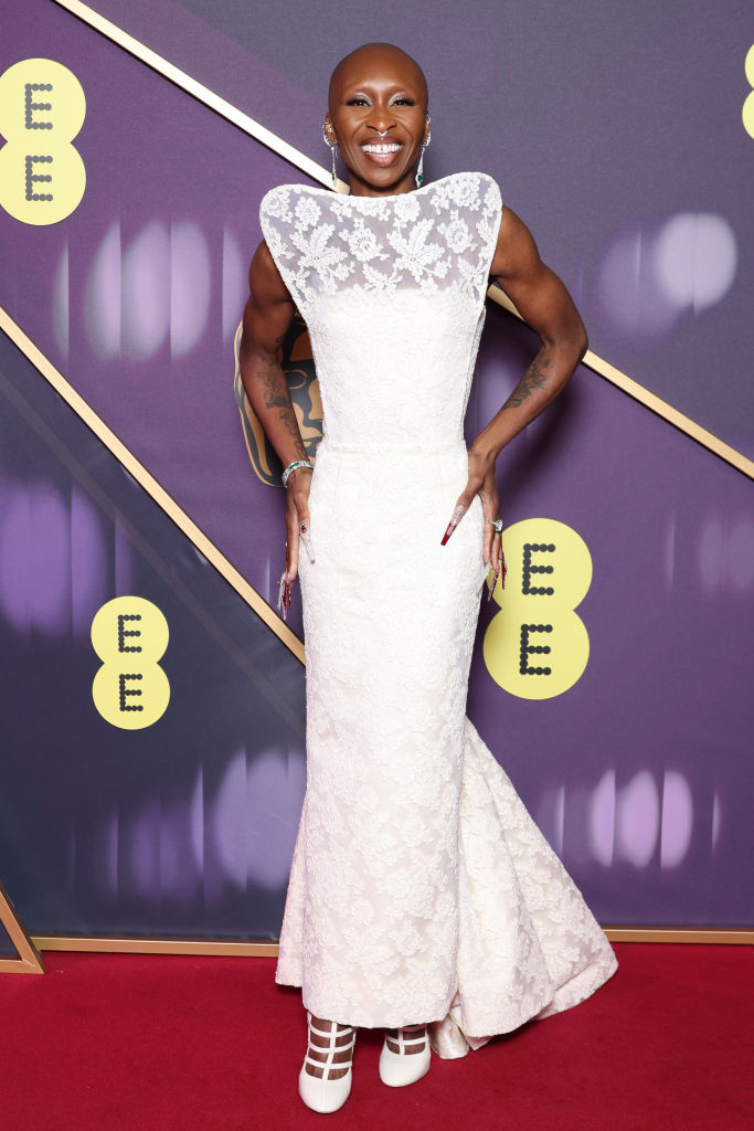 Cynthia Erivo at the 2025 BAFTA Awards on Feb. 16 in London, Louis Vuitton, lace dress, red carpet, Tiffany & Co.