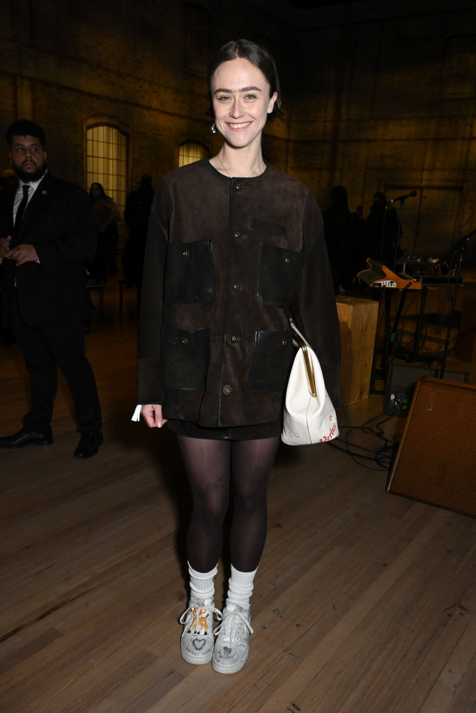 Ella Emhoff at the Coach fall 2025 fashion show on Feb. 10 in New York, brown suede jacket, front row, nyfw