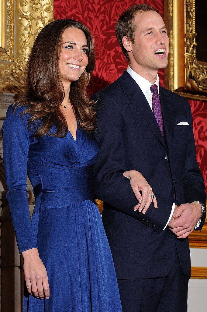 Britain's Prince William and his fiancée Kate Middleton pose for photographers during a photocall to mark their engagement, in the State Rooms of St James�s Palace, central London on November 16, 2010.  Britain's Prince William has given his fiancee Kate Middleton the engagement ring that belonged to his late mother Diana, Princess of Wales, Clarence House said Tuesday.  The blue sapphire and diamond ring was given to Diana by William's father, Prince Charles, when they became engaged in February 1981. Charles and Diana divorced in 1996 and she was killed in a car crash in Paris the following year.      AFP PHOTO / BEN STANSALL (Photo credit should read BEN STANSALL/AFP via Getty Images), princess diana Ceylon sapphire engagement ring, kate middleton engagement ring