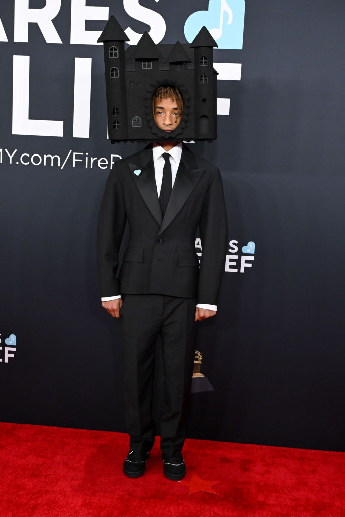 Jaden Smith at the 2025 Grammy Awards on Feb. 2 in Los Angeles, Louis Vuitton, Abodi, castle headpiece
