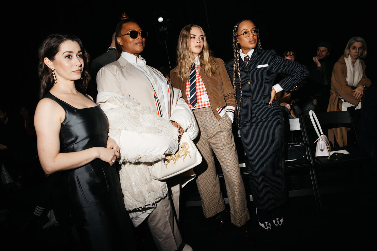 Cristin Milioti, Queen Latifah, Cara Delevingne and Kerry Washington at Thom Browne's fall 2025 fashion show on Feb. 11 in New York, nyfw, front row, skirt suit