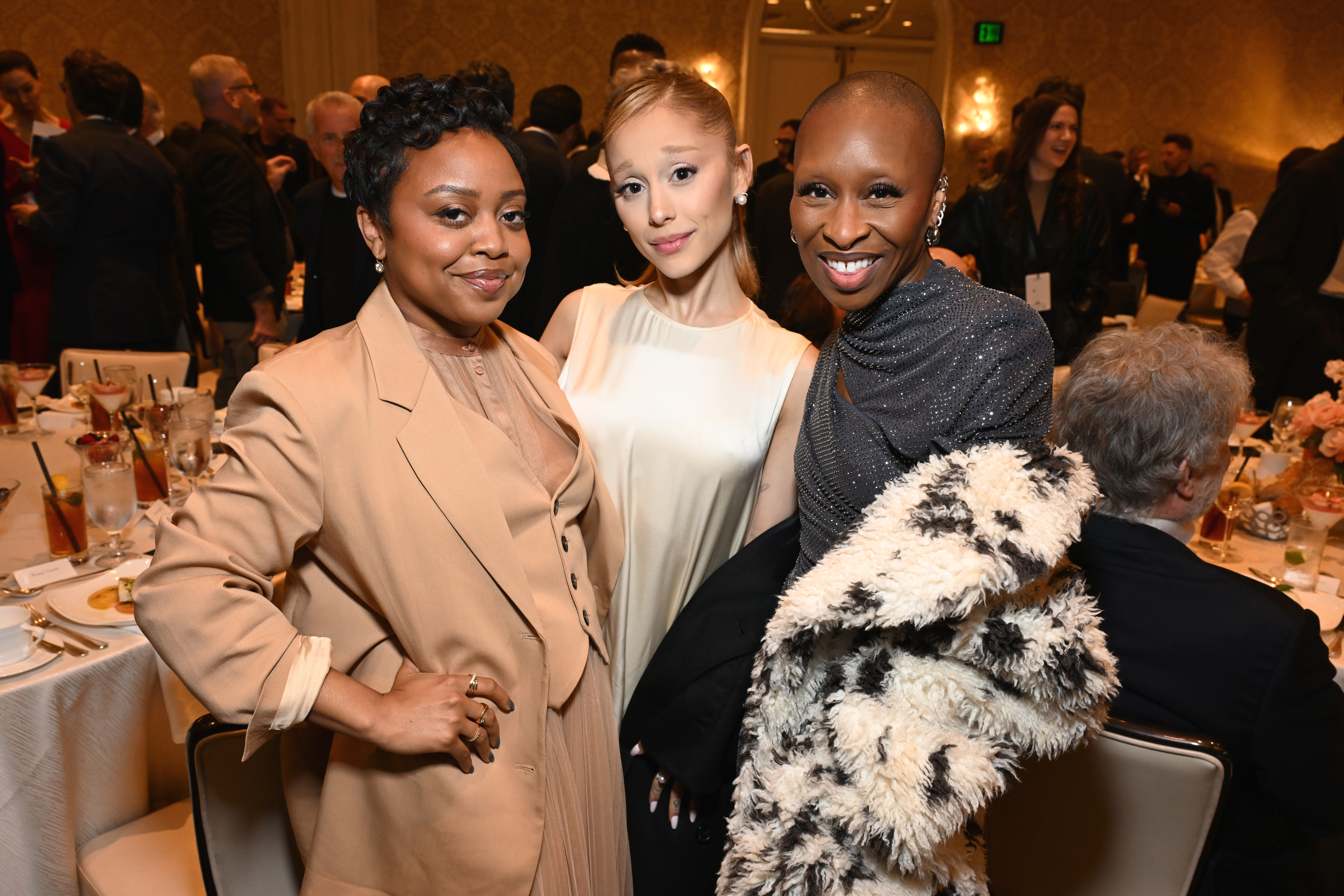 LOS ANGELES, CALIFORNIA - FEBRUARY 06: (L-R) Quinta Brunson, Ariana Grande and Cynthia Erivo attend the AFI Awards at Four Seasons Hotel Los Angeles at Beverly Hills on February 06, 2025 in Los Angeles, California. (Photo by Michael Kovac/Getty Images for AFI)