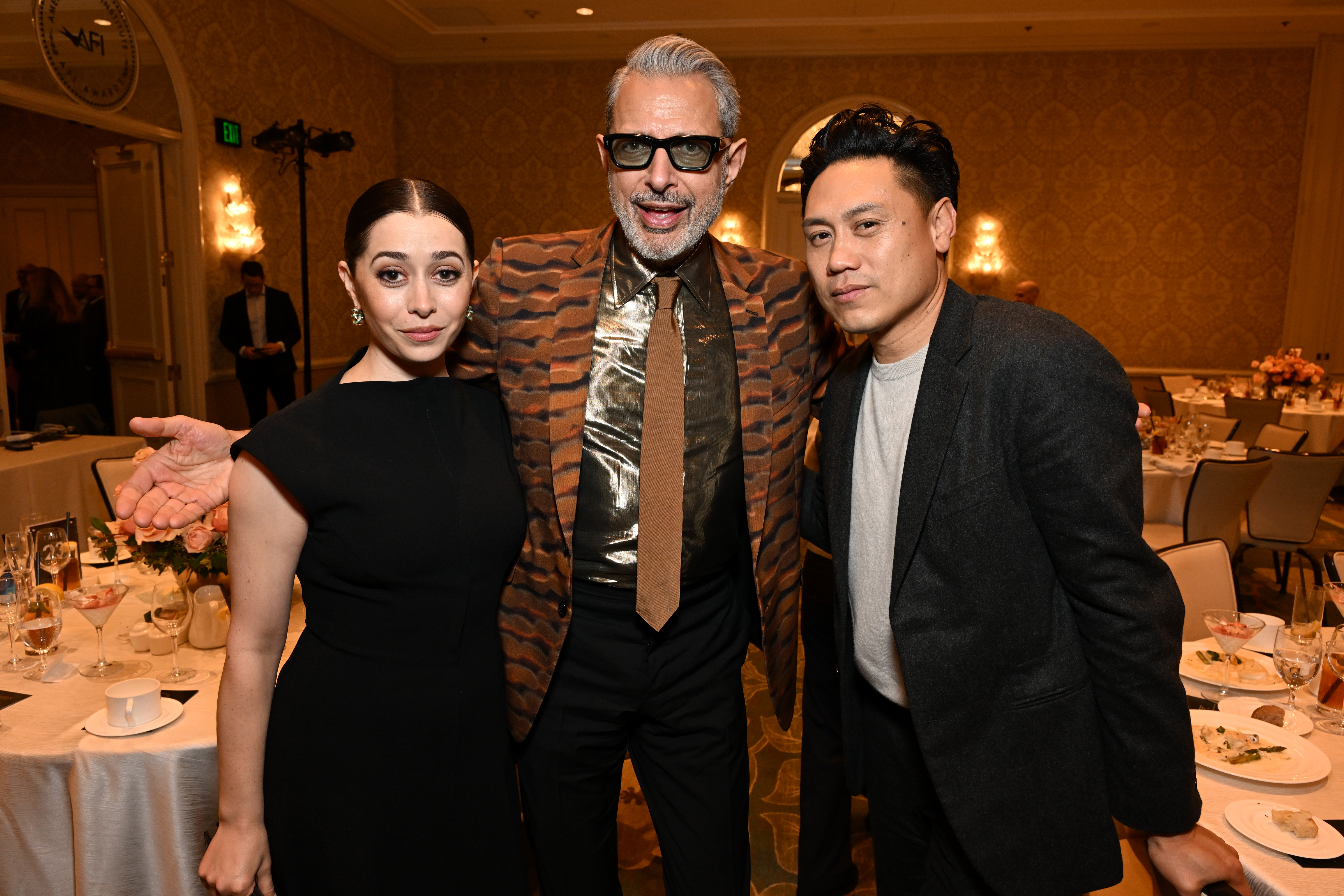 LOS ANGELES, CALIFORNIA - FEBRUARY 06: (L-R) Cristin Milioti, Jeff Goldblum and Jon M. Chu attend the AFI Awards at Four Seasons Hotel Los Angeles at Beverly Hills on February 06, 2025 in Los Angeles, California. (Photo by Michael Kovac/Getty Images for AFI)