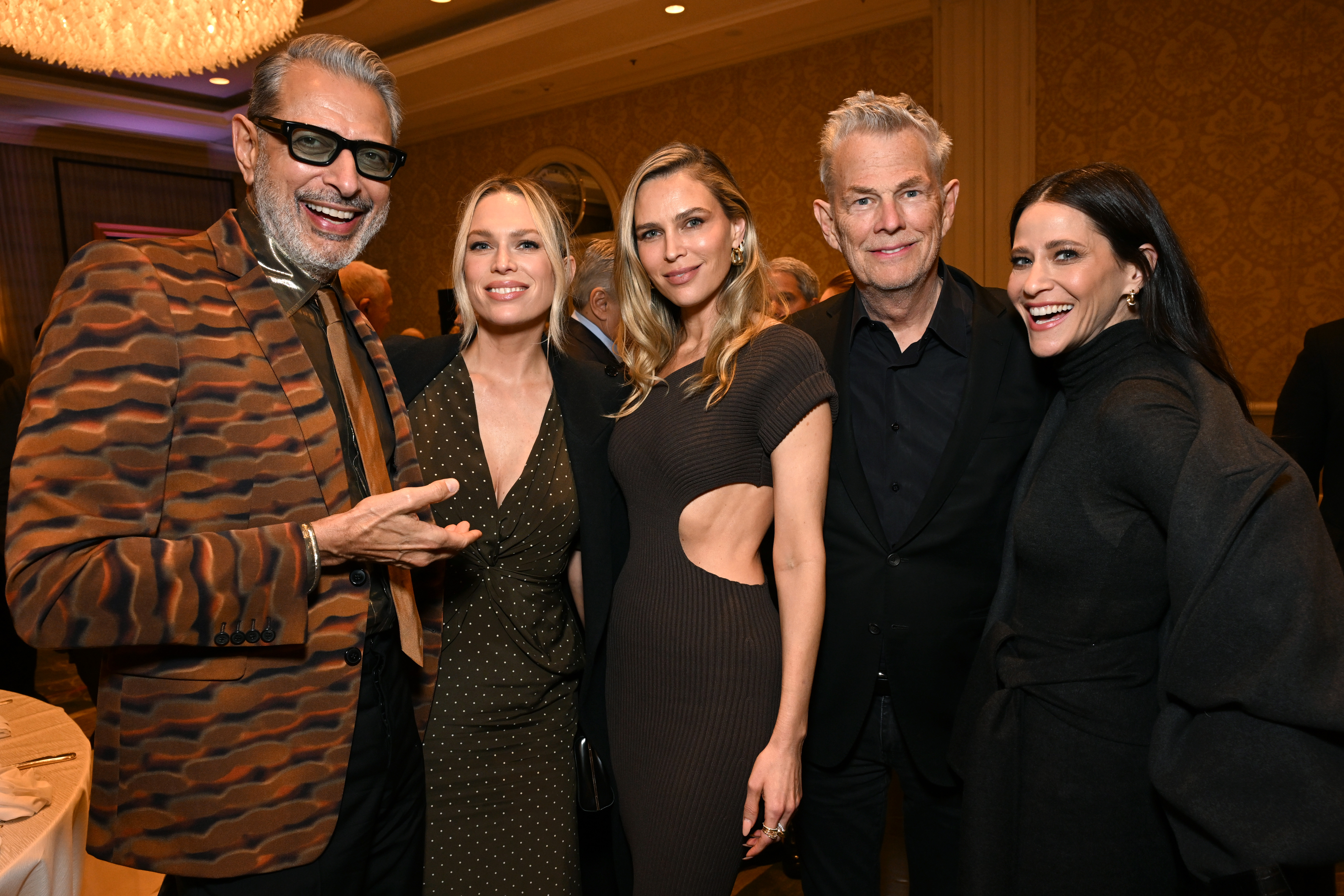 LOS ANGELES, CALIFORNIA - FEBRUARY 06: (L-R) Jeff Goldblum, Erin Foster, Sara Foster, David Foster and Jackie Tohn attend the AFI Awards at Four Seasons Hotel Los Angeles at Beverly Hills on February 06, 2025 in Los Angeles, California. (Photo by Michael Kovac/Getty Images for AFI)