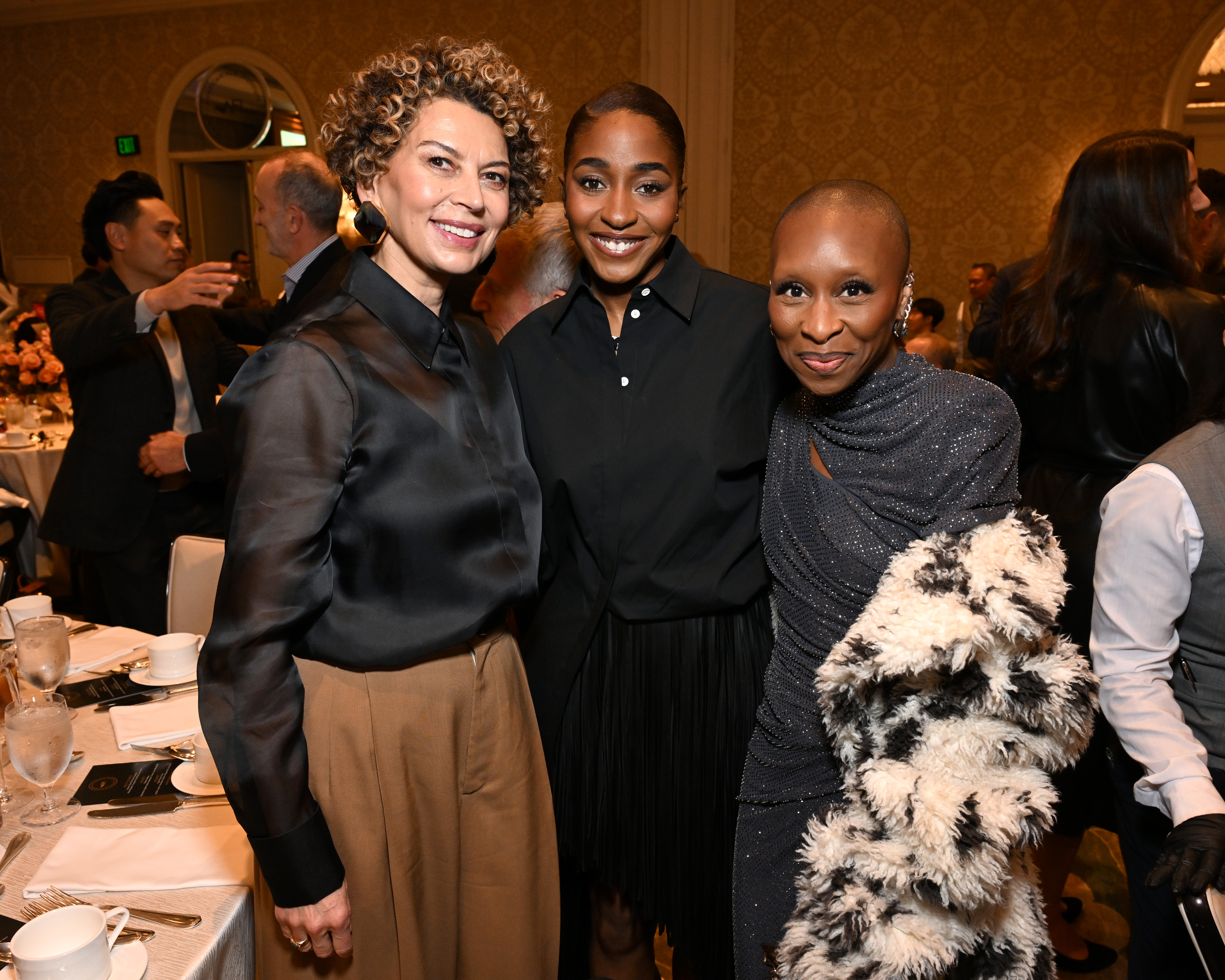 LOS ANGELES, CALIFORNIA - FEBRUARY 06: (L-R) Donna Langley, Ayo Edebiri and Cynthia Erivo attend the AFI Awards at Four Seasons Hotel Los Angeles at Beverly Hills on February 06, 2025 in Los Angeles, California. (Photo by Michael Kovac/Getty Images for AFI)