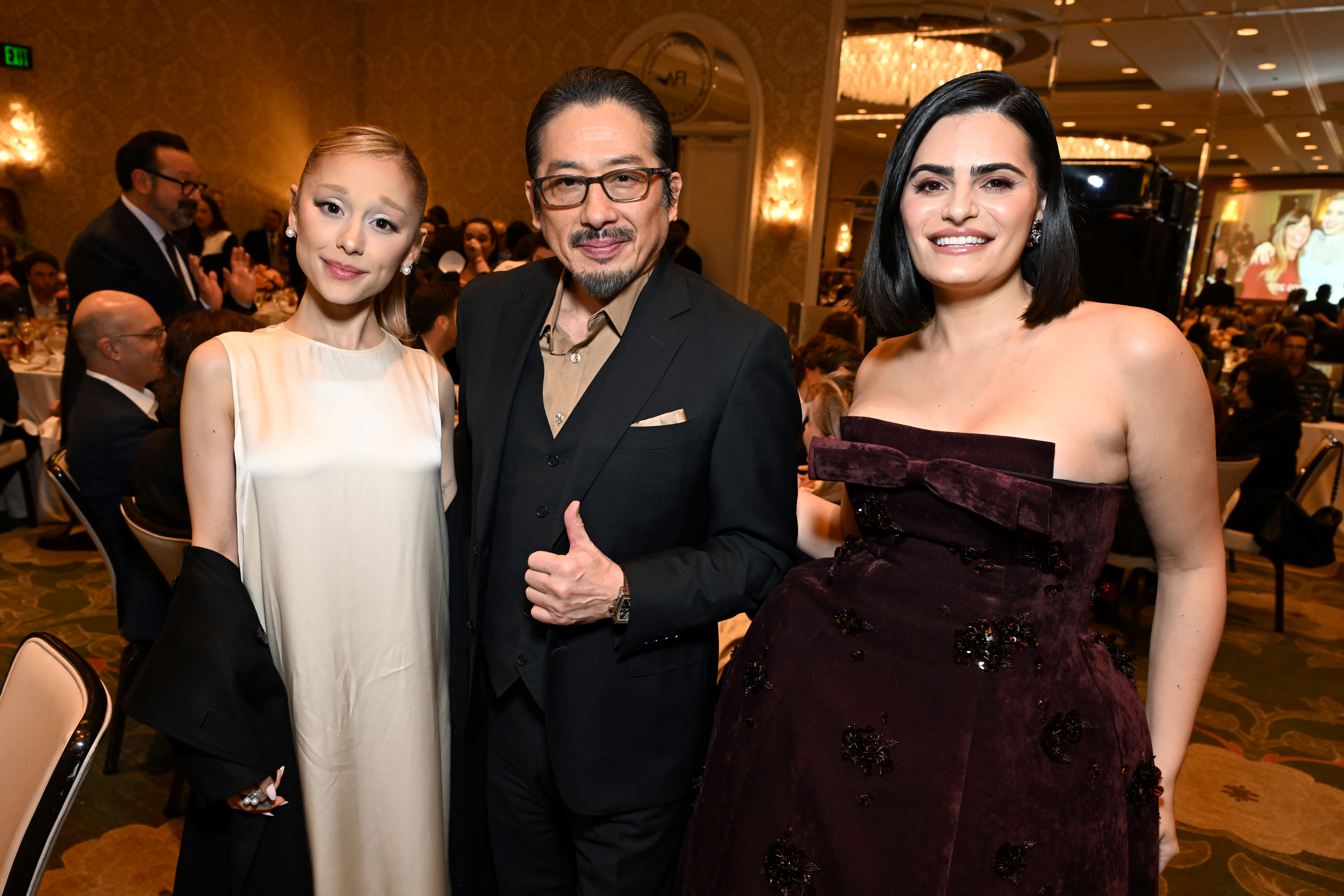 LOS ANGELES, CALIFORNIA - FEBRUARY 06: (L-R) Ariana Grande, Hiroyuki Sanada and Nava Mau attend the AFI Awards at Four Seasons Hotel Los Angeles at Beverly Hills on February 06, 2025 in Los Angeles, California. (Photo by Michael Kovac/Getty Images for AFI)
