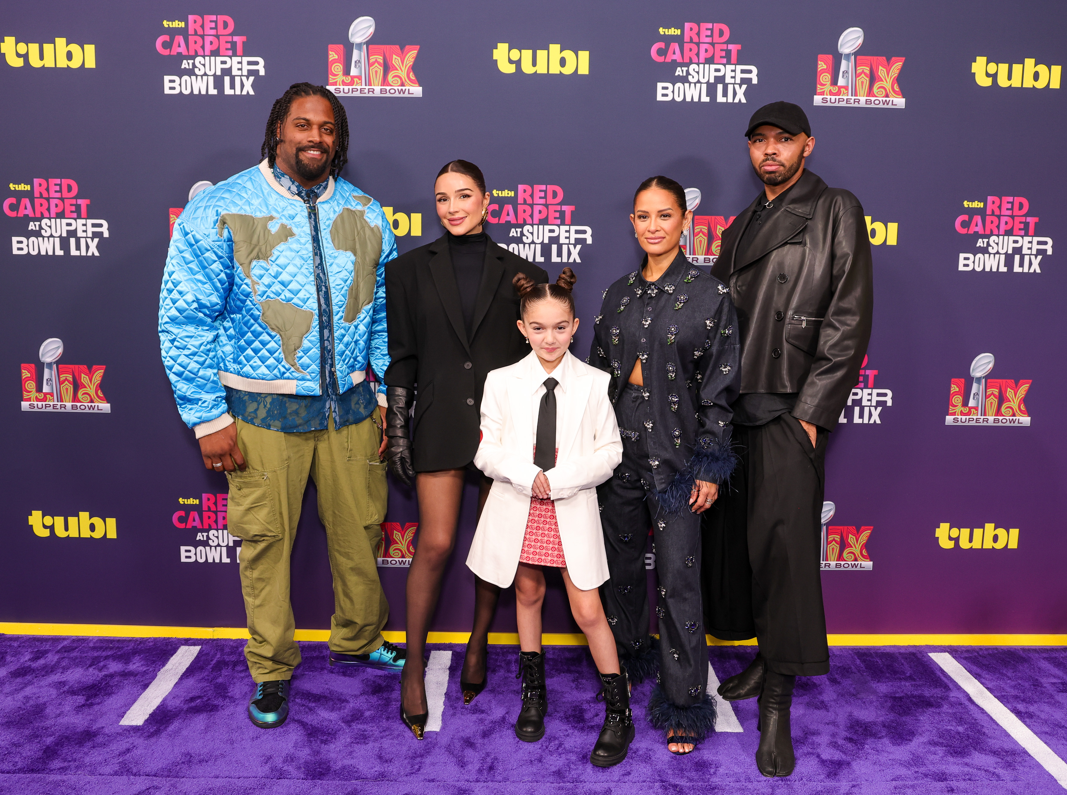 NEW ORLEANS, LA - FEBRUARY 9: (L-R) Cam Jordan, Olivia Culpo, Taylen Biggs, Rocsi Diaz and Kyle Smith on the Tubi Super Bowl LIX Red Carpet at Caesars Superdome on February 9, 2025 in New Orleans, Louisiana. (Photo by Frank Micelotta/PictureGroup for Tubi)