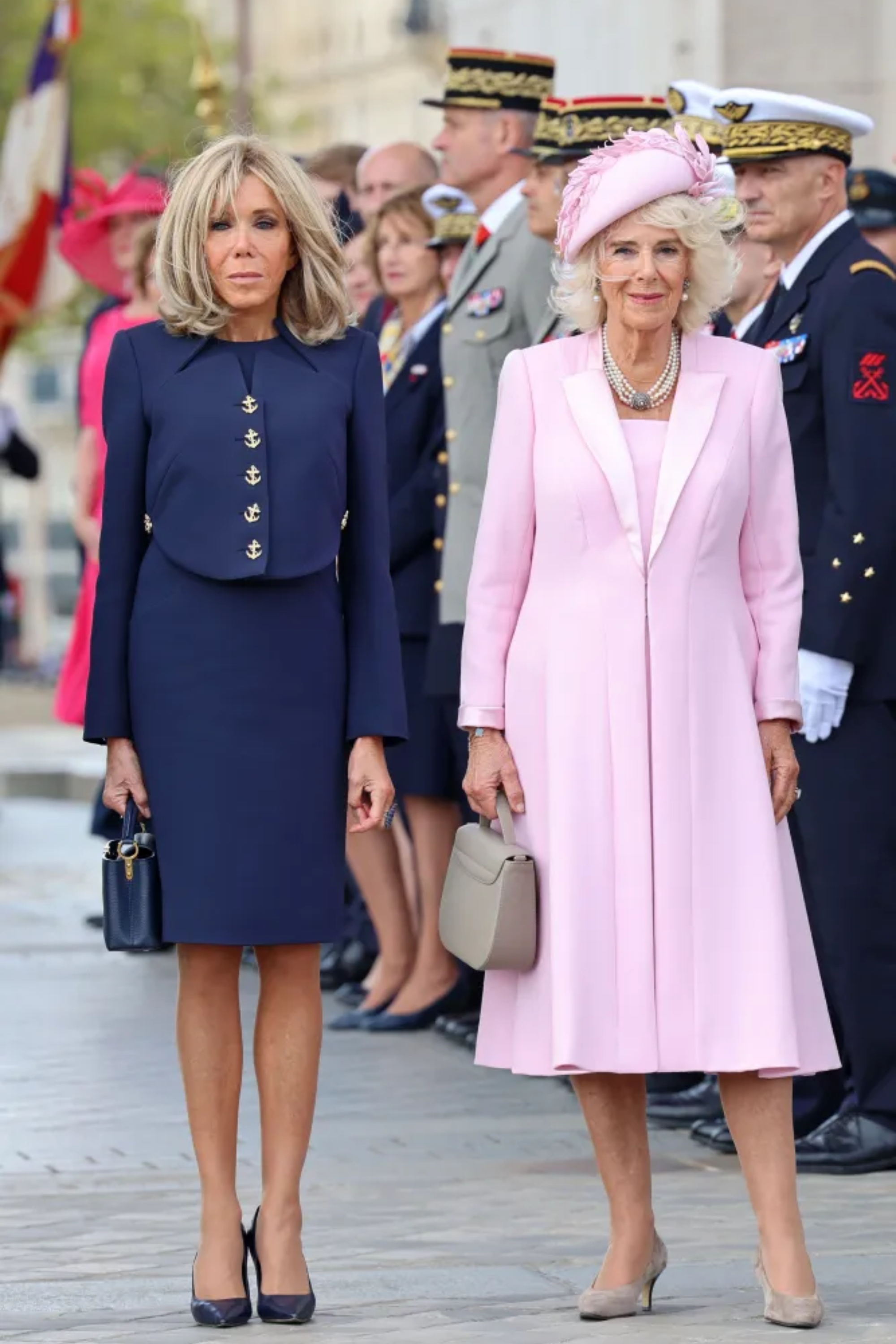 The French head of state's spouse, Brigitte Macron and Queen Camilla during a ceremonial welcome at The Arc De Triomphe on September 20, 2023 in Paris, France.