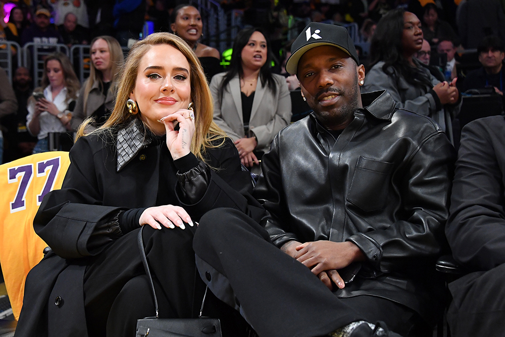 Adele and Rich Paul attend a Los Angeles Lakers game on Feb. 10, Hermès Kelly, Bottega Veneta coat