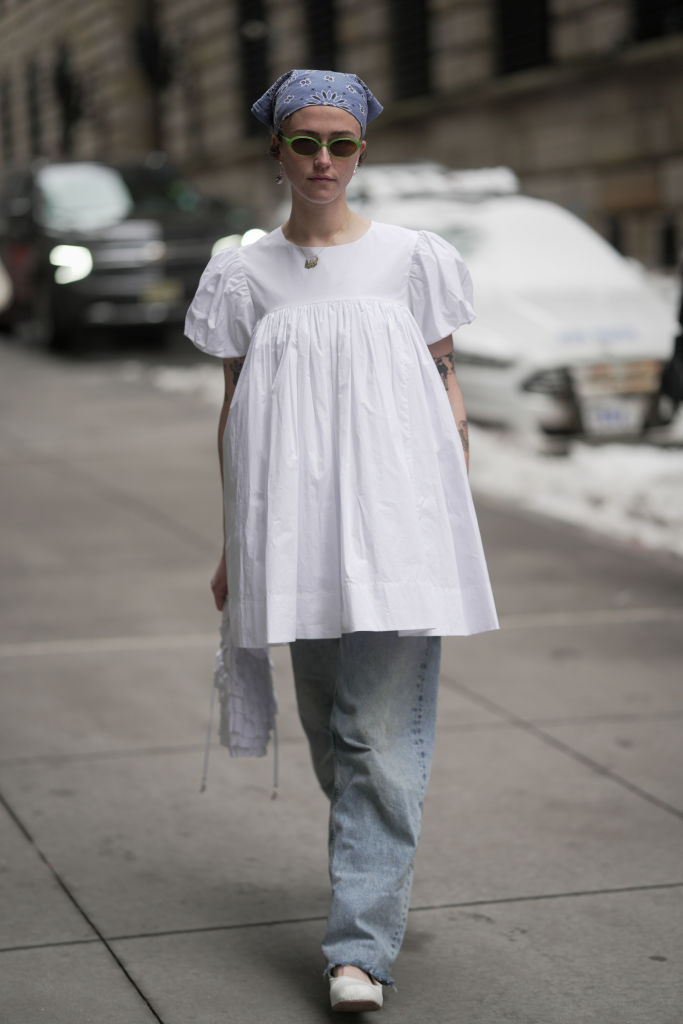 Ella Emhoff at the Sandy Liang fall 2025 fashion show on Feb. 9 in New York, ballet flats, mary janes, babydoll dress, street style, nyfw, bandana, front row