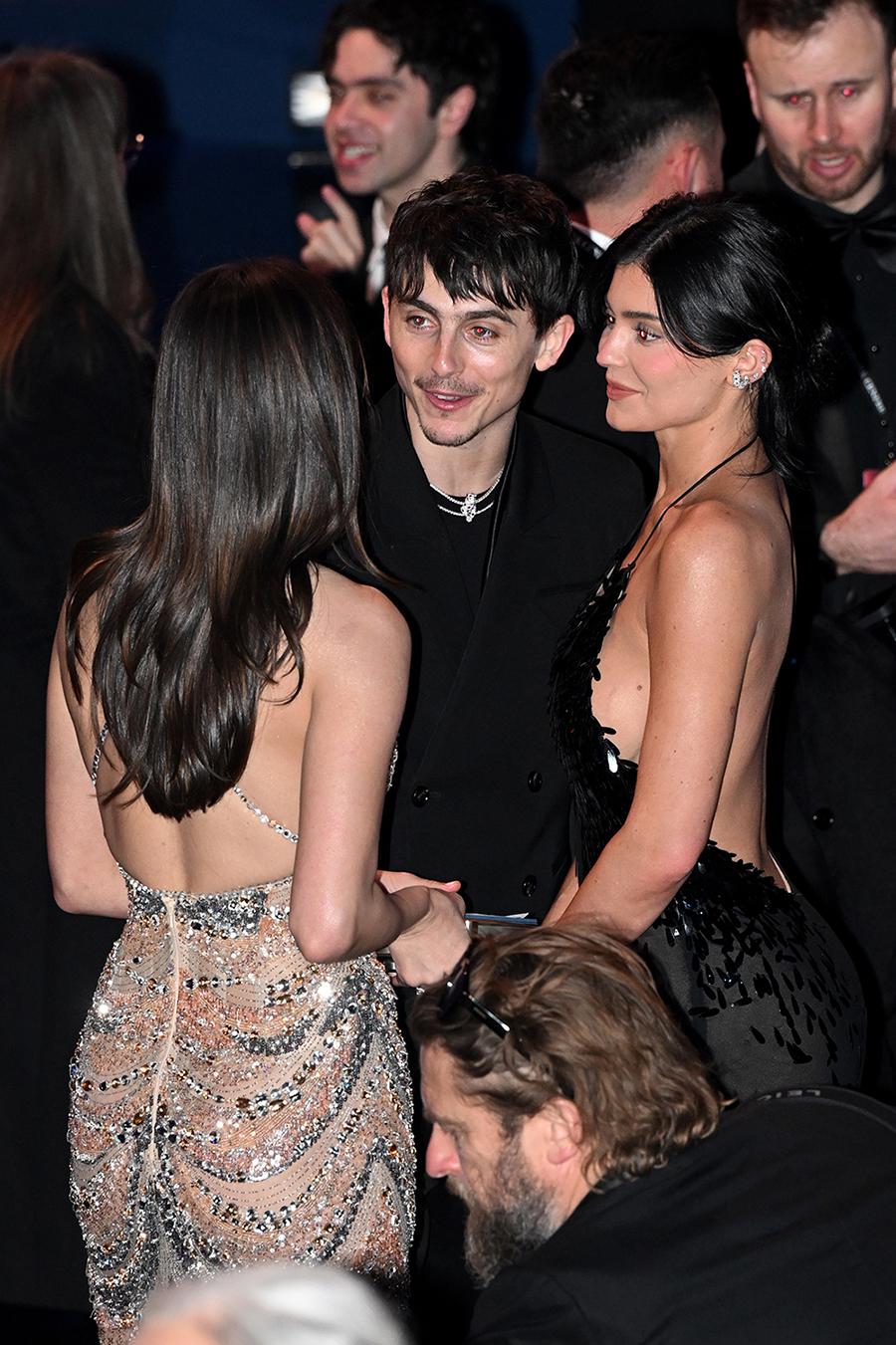 Timothée Chalamet and Kylie Jenner at the 2025 BAFTA Awards on Feb. 16 in London, backless sequined dress