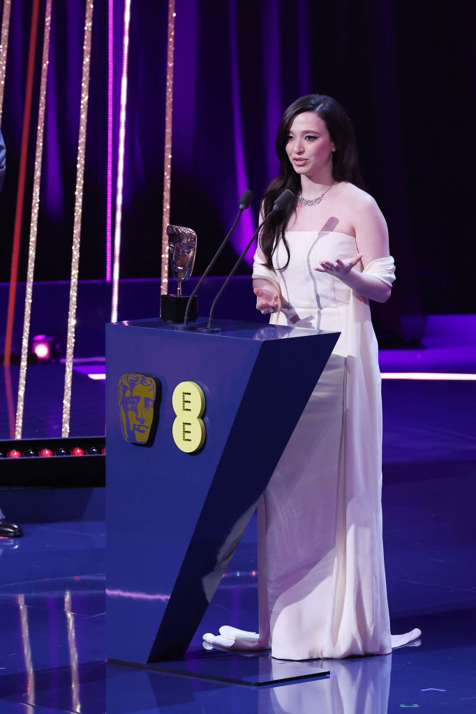 Mikey Madison attends the 2025 BAFTA Awards on Feb. 16 in London, Prada, strapless dress, red carpet