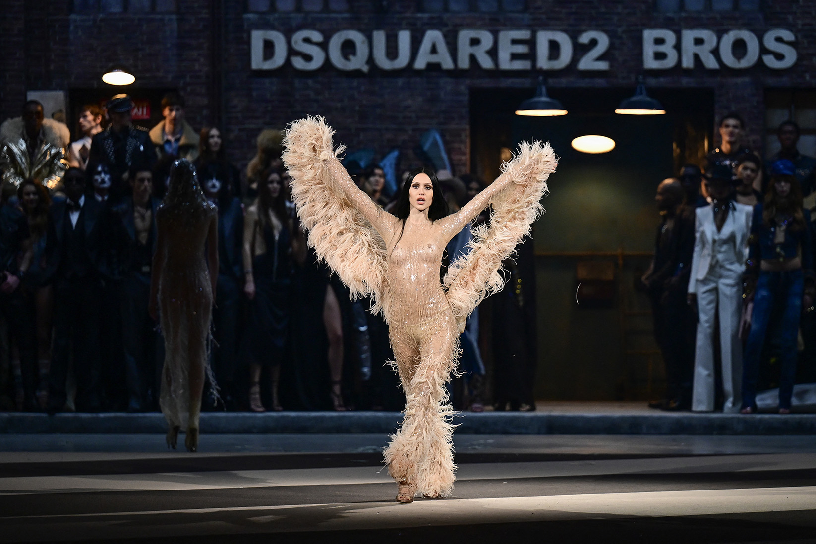 A model presents a creation by Dsquared2 for the Womenswear Ready-to-wear Fall-Winter 2025/2026 collection as part of the Milan Fashion Week, in Milan on February 25, 2025. (Photo by Piero CRUCIATTI / AFP) (Photo by PIERO CRUCIATTI/AFP via Getty Images)