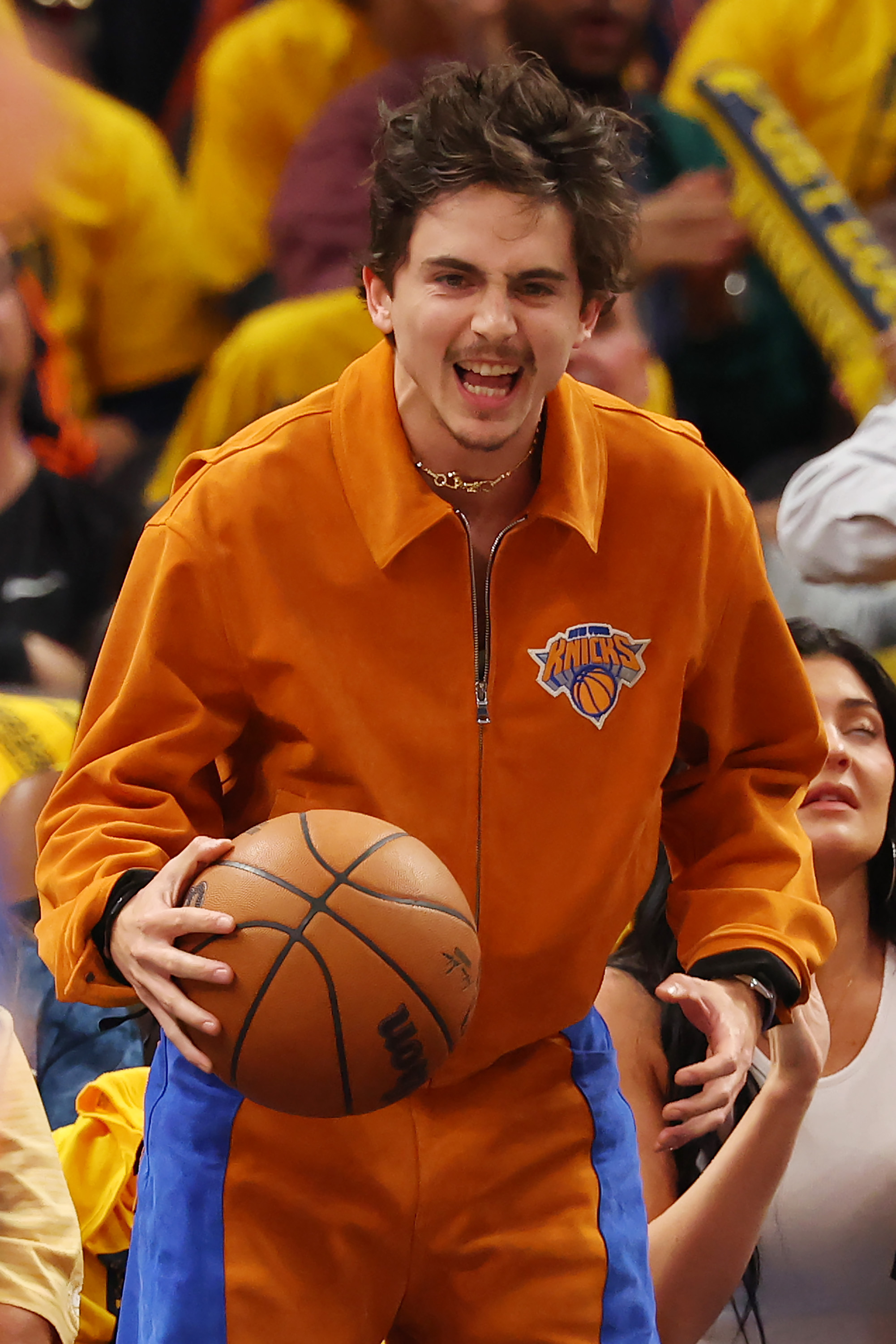 INDIANAPOLIS, INDIANA - MAY 31: Timothee Chalamet attends Game Six of the Eastern Conference Finals of the 2025 NBA Playoffs between the New York Knicks and the Indiana Pacers at Gainbridge Fieldhouse on May 31, 2025 in Indianapolis, Indiana. NOTE TO USER: User expressly acknowledges and agrees that, by downloading and or using this photograph, User is consenting to the terms and conditions of the Getty Images License Agreement. (Photo by Gregory Shamus/Getty Images)